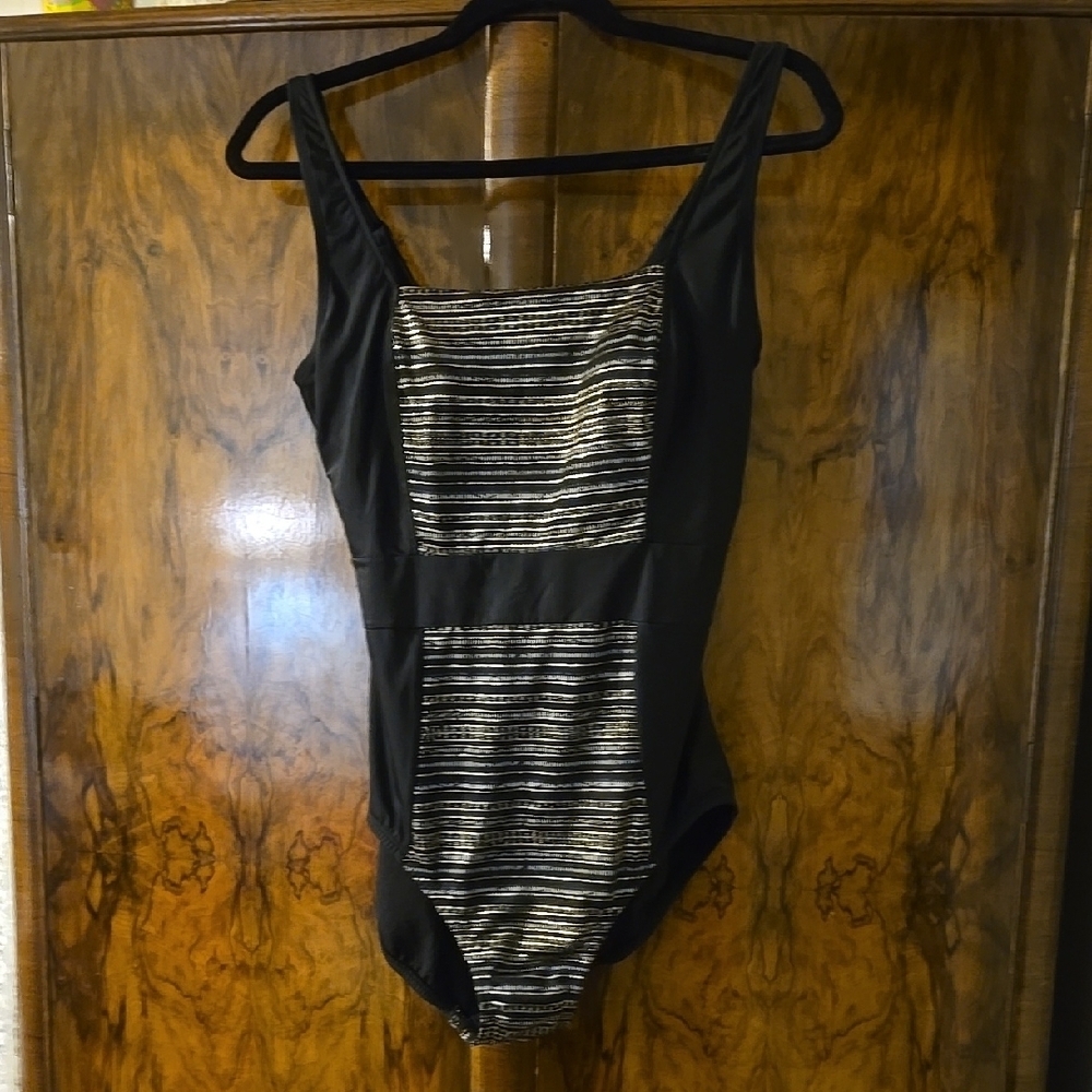 Embrace Your Curves By Miracle Brand Black and Gold Striped One Piece Swimsuit L